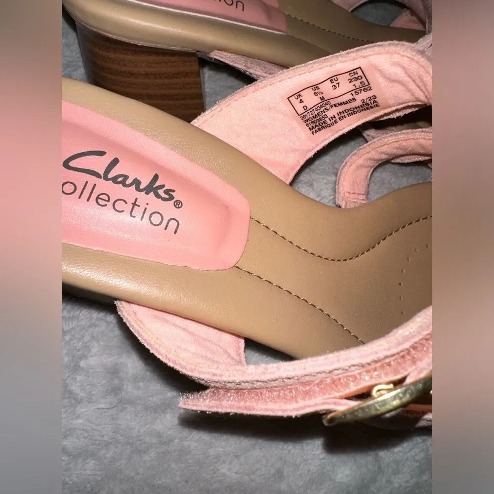 Clarks Heeled Slide Sandals Desirae Palm in powder pink  Suede Size 6.5